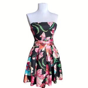 Y2K BEBE Linen Silk Floral Strapless Mini Dress Size XS Black‎ Party Cocktail